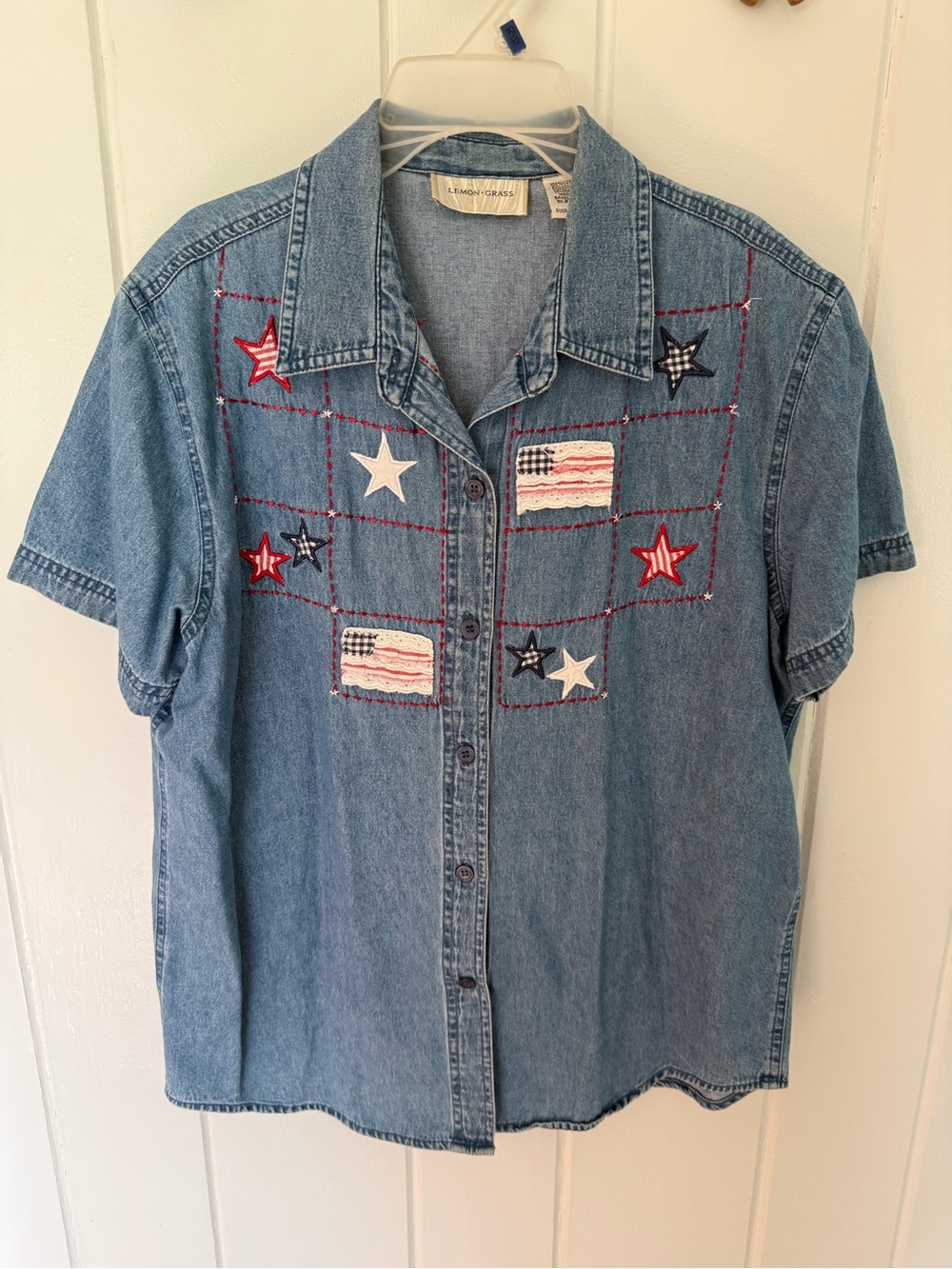 Vintage lemon grass Patriotic Star Patch Denim Shirt - size medium
